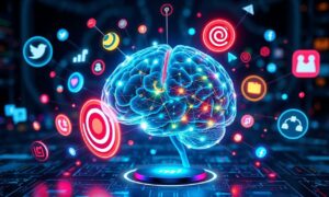 Illustration schématique des zones cérébrales activées par le neuromarketing : amygdale, striatum et cortex préfrontal, avec des flèches indiquant leur rôle dans les décisions d'achat