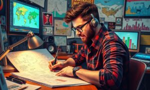 Illustration d'un écran digital montrant une narration visuelle structurée avec un visuel-clé, un arc narratif et des détails interactifs pour renforcer l'engagement utilisateur.