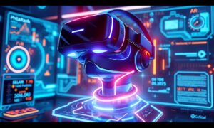 Illustration d'un navigateur affichant une scène 3D interactive avec des éléments de réalité virtuelle et augmentée, incluant des bibliothèques comme Three.js et WebGL.